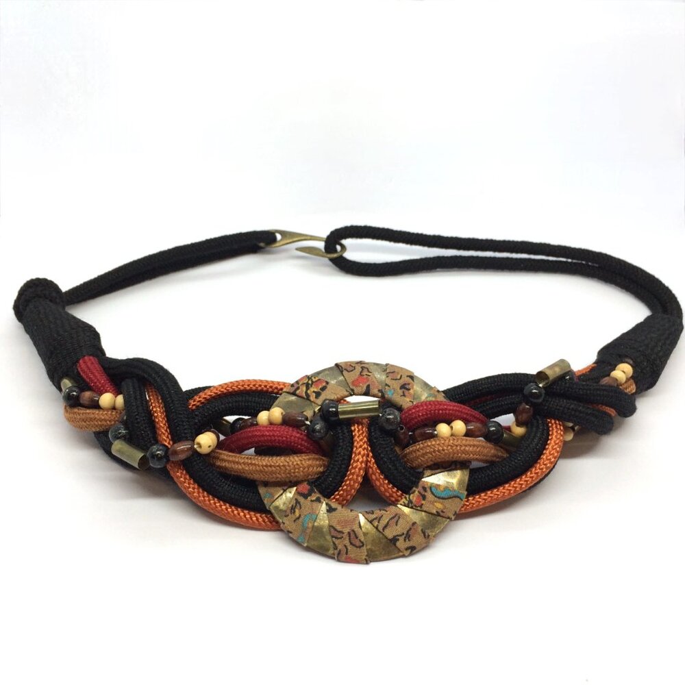 BOHO ABSTRACT CORD BELT Wrap Ribbon Metal Statement Stretch Vintage 70s Style